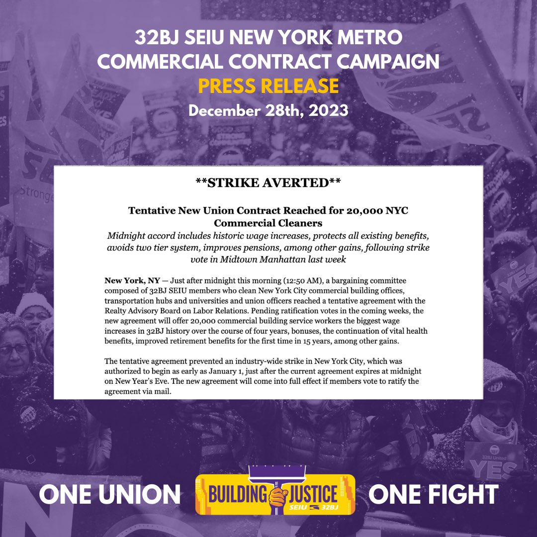 🔊NYC Commercial Cleaners Strike Averted! 🎉 Just past midnight at 12:50am @32BJSEIU’s bargaining committee and @RABOLR reached a tentative agreement for 20,000 NYC commercial cleaners.  Pending member ratification, the new agreement will offer 20,000 commercial cleaners who…