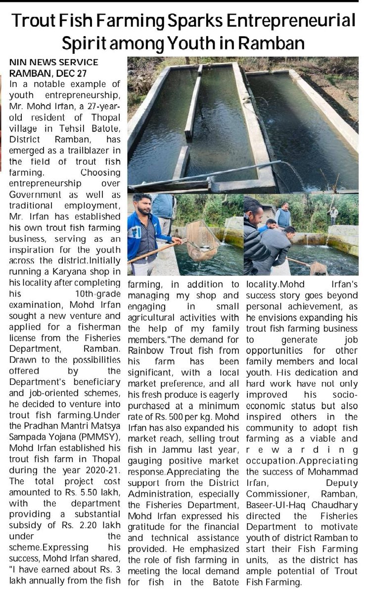 adframban's tweet photo. Trout Fish Farming sparks Entrepreneurial Spirit among Youth in Ramban.@dcramban @FisheriesJK @DIPRRambandic https://t.co/4RJ7qxS9Th
