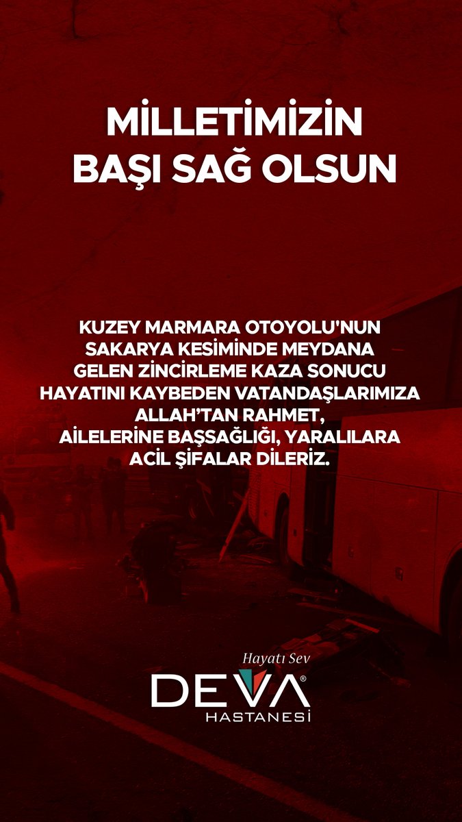 Kuzey Marmara Otoyolu'nun Sakarya kesiminde meydana gelen zincirleme kaza sonucu hayatını kaybeden vatandaşlarımıza Allah’tan rahmet, ailelerine başsağlığı, yaralılara acil şifalar dileriz.  #devahastanesi