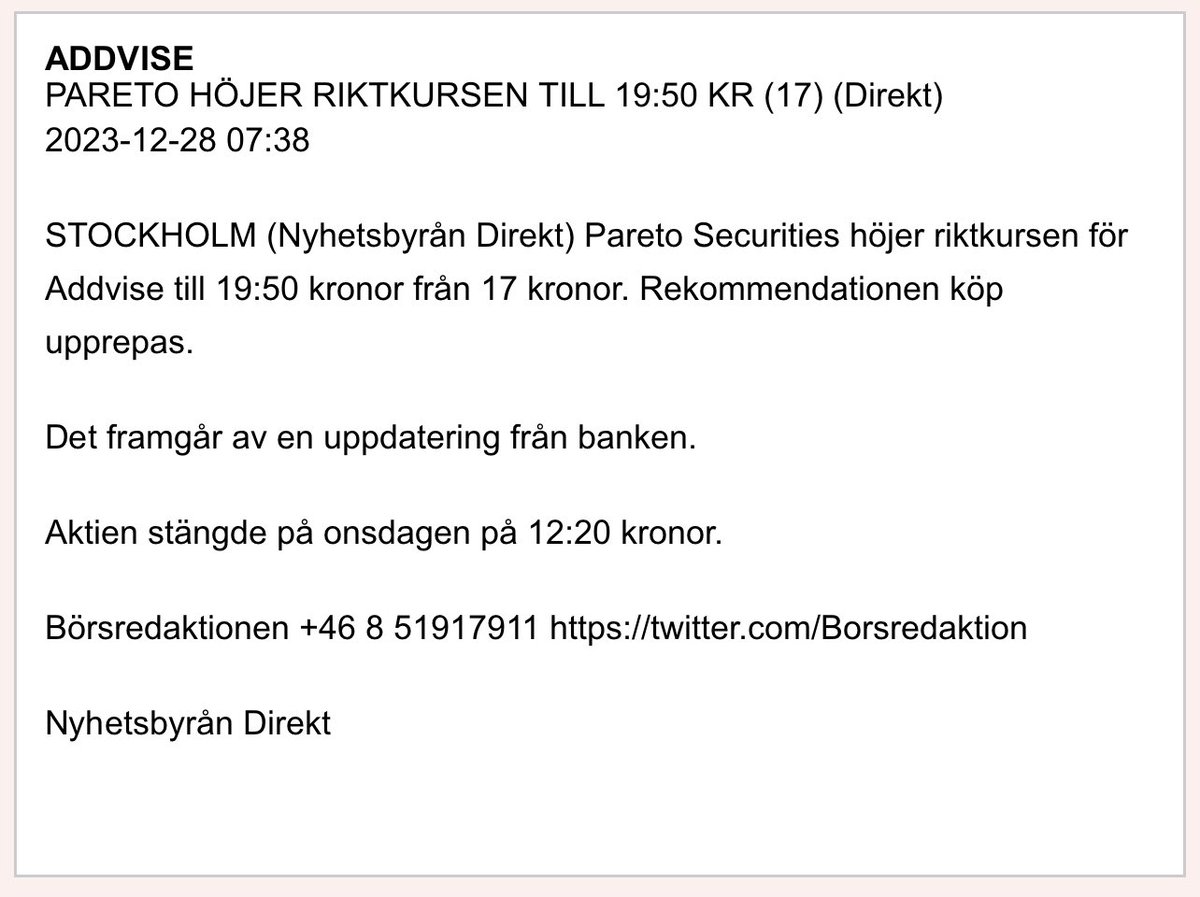 Pro_Tradings's tweet photo. #ADDVISE $ADDV
PARETO HÖJER RIKTKURSEN TILL 19:50 KR https://t.co/BacfDzbGb9