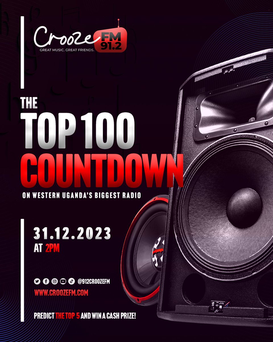 🥳 Get ready to bid farewell to 2023 in style with 91.2 Crooze FM's #TheTop100Countdown! This New Year's Eve, we will be playing all the top hits from the year. Don't miss out on the fun which starts at 2:00 PM on December 31st. 😎💯🔥

We will be counting down the top 100 songs