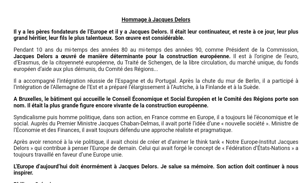 phgregoire's tweet photo. Il y a les pères fondateurs de l'Europe et il y a Jacques Delors. Il était leur continuateur et reste à ce jour leur plus grand héritier, leur fils le plus talentueux. Son œuvre est considérable. L'Europe d'aujourd'hui lui doit énormément. Je salue sa mémoire. @DelorsInstitute 🇪🇺 https://t.co/qdnThGkUkv