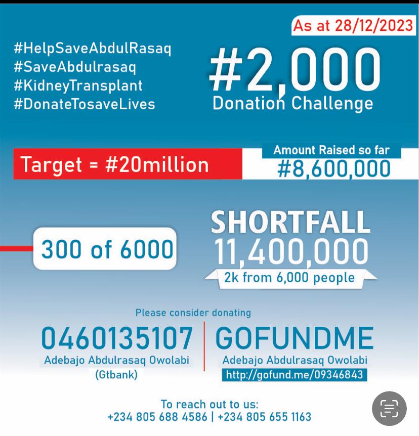harbexmata's tweet image. It’s almost end of the year, and our brother Abdulrasak have been on the sick bed for over 5months fighting for his life from the deadly kidney failure .😞
Lets go again, 300 donation of 6000 people achieved🙏... 
#HelpSaveAbdulRazaq #2kChallenge🔥 #Twothousandnairachallenege.