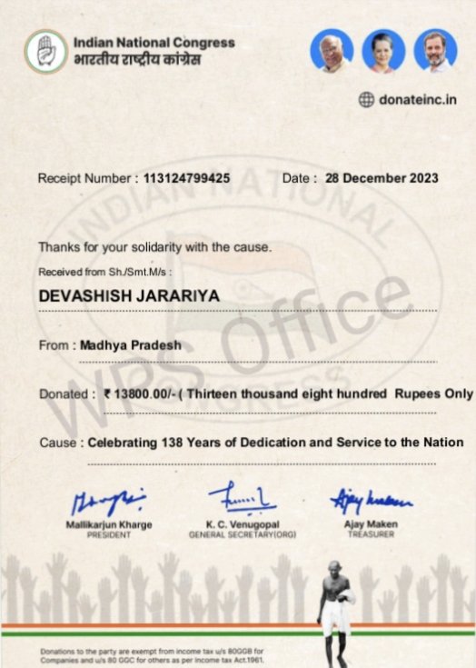 jarariya91's tweet photo. आज कांग्रेस के 139वे स्थापना दिवस के अवसर पर #DonationForDesh अभियान के तहत अपनी ओर से पार्टी केलिए एक छोटा सा सहयोग किया।
हम सभी कांग्रेसी अपने इतिहास से प्रेरणा लेते हुए, इस के लोकतांत्रिक मूल्यों, संवैधानिक अधिकारों, केलिए अनवरत संघर्ष जारि रखेंगे। https://t.co/PtA0BbxTzl