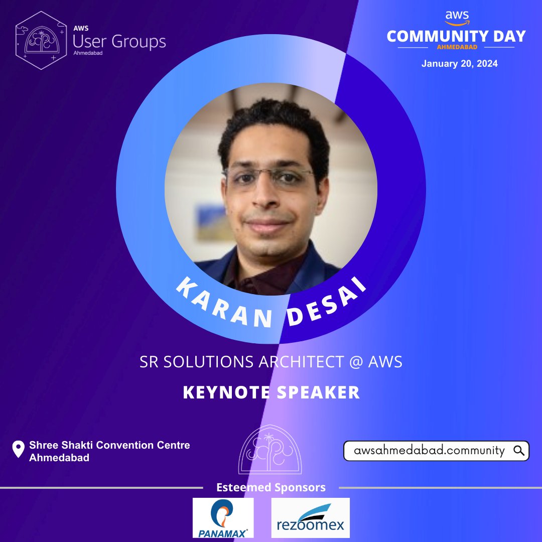 Join us for a keynote presentation by Karan Desai, Senior Solutions Architect at AWS, at the upcoming AWS Community Day Ahmedabad 2024! #aws #awscloud #awsugahm #awscommunity #awscommunityday