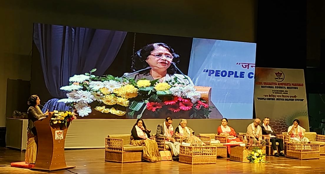 Mrs. Gitanjali Bhattacharya, IAS, Secretary to the Govt. of Assam, delivering the keynote address on the theme ‘Securing Dignified Working Atmosphere for Women-The Road Ahead’ during the third session of the National Council Meeting, 2023 of <a href="/AdhivaktaP/">Akhil Bharatiya Adhivakta Parishad</a> in Guwahati, Assam.
#ABAP