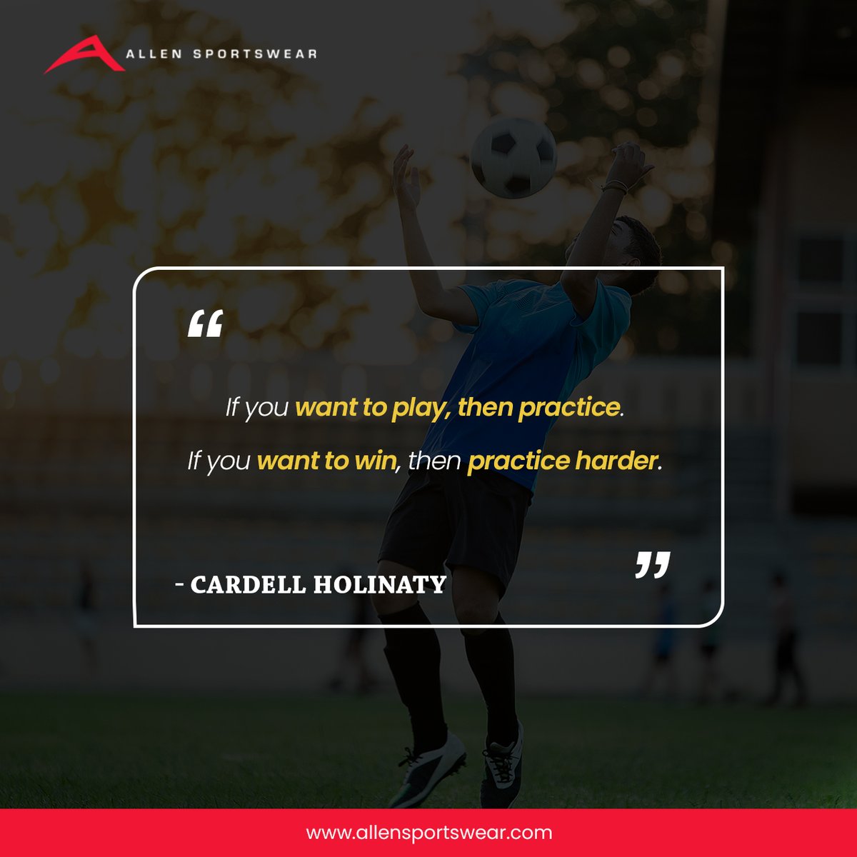 AllenSportswear's tweet photo. If you want to play, then practice. If you want to win, then practice harder. -Cardell Holinaty
#allensportswear #practicemakesperfect #winningmindset #hardworkpaysoff #dedicationtosuccess #striveforgreatness #championmindset https://t.co/6jpe3l6Be8
