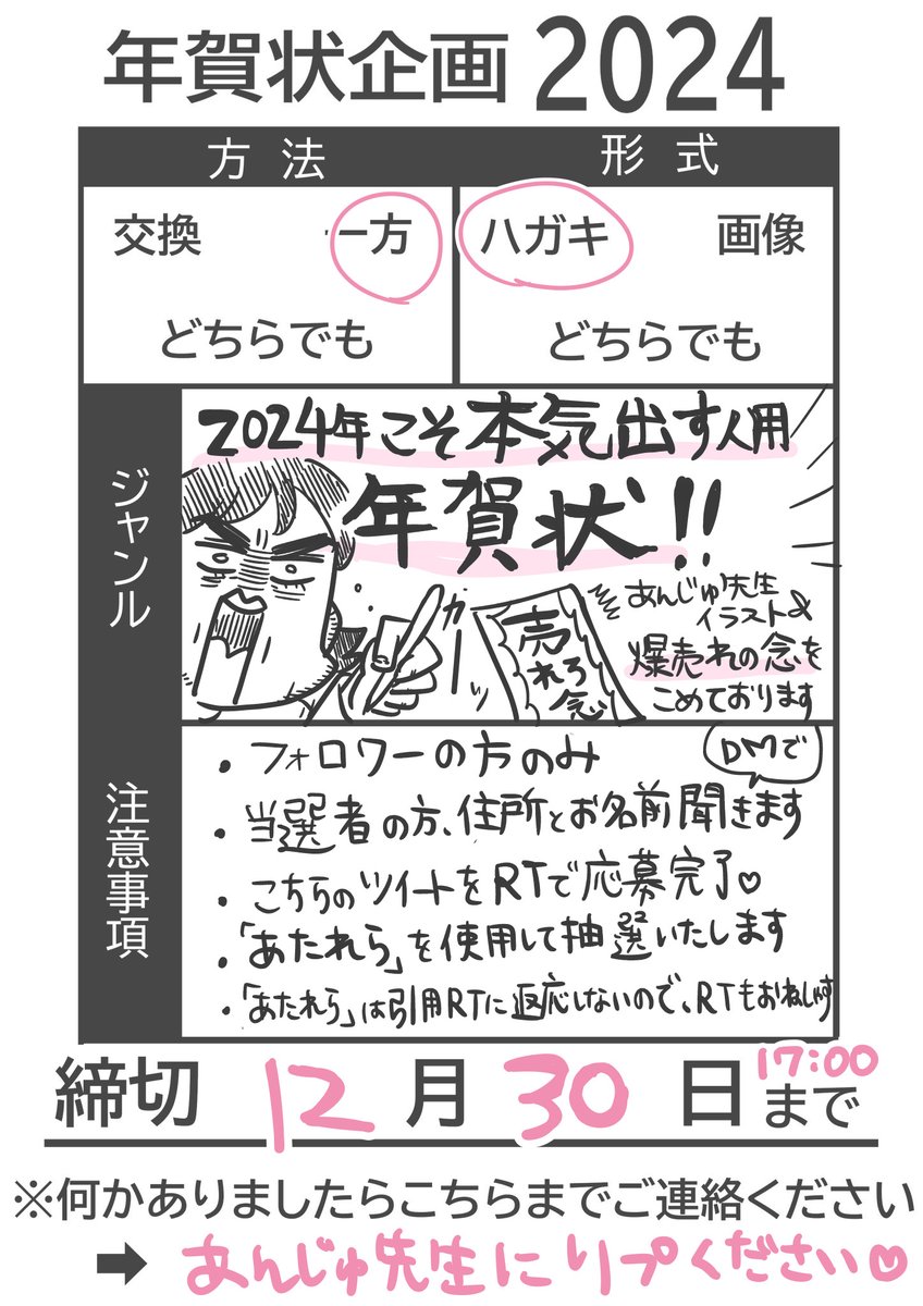 【年賀状企画🎍】
来年こそ本気出す人専用
20名様に爆売れの念🔥入り
あんじゅ先生年賀状をお送りします🤩
応募方法
フォロワーさん限定
・この投稿をRTのみ!
当選者はメンションします🔥
応募締切は
【12月30日 17:00】
来年こそ本気出す!!爆売れじゃああ!!
#年賀状企画2024
