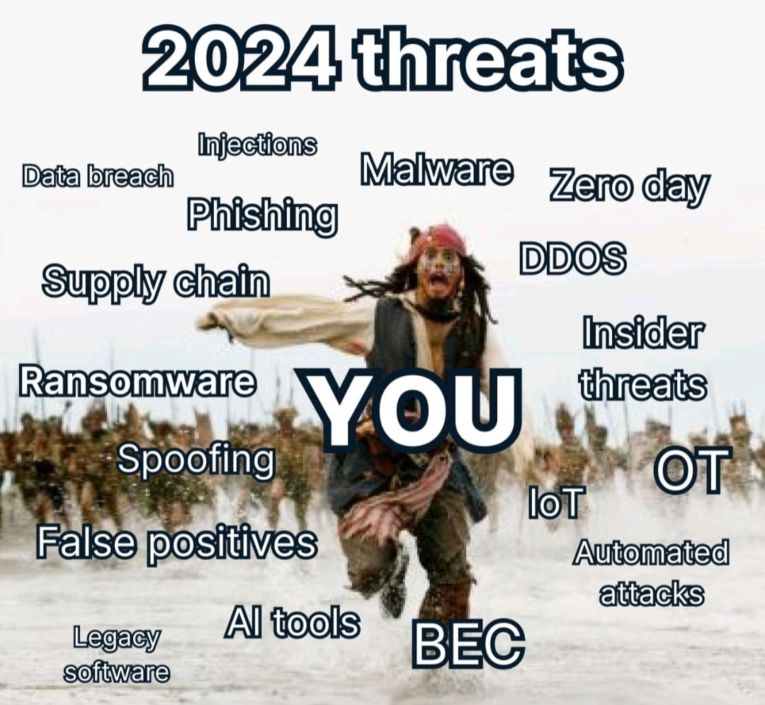 Entering 2024 with a tapestry of challenges.
#cybersecurity #cyberthreats #malware #phishing #zeroday #ransomware #ai #iot #ddos #ddosattack #linkedin #cyberattack #trending #cybersecuritymemes