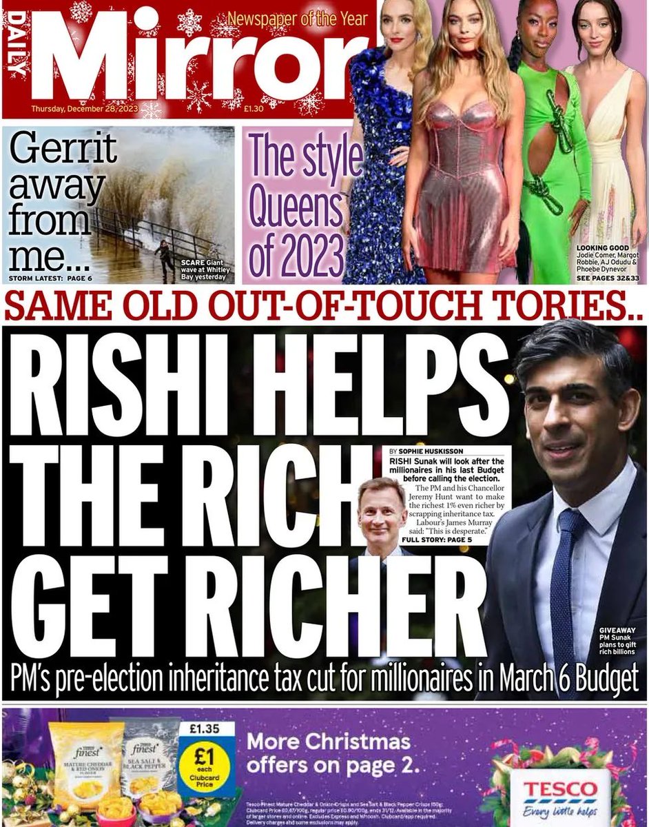 Richi Sunak’s plot to gift billions to a tiny number of wealthiest families, including his own, by axing inheritance tax is today’s @DailyMirror splash.