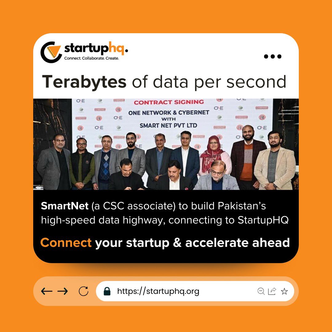 StartupHQApp's tweet photo. Smart Net (Pvt.) Ltd. signed a contract with One Net and Cybernet to partner up in deployment of the highest speed internet in Pakistan, creating a Tier 4 data center in StartupHQ. https://t.co/9atDPnaiOW
