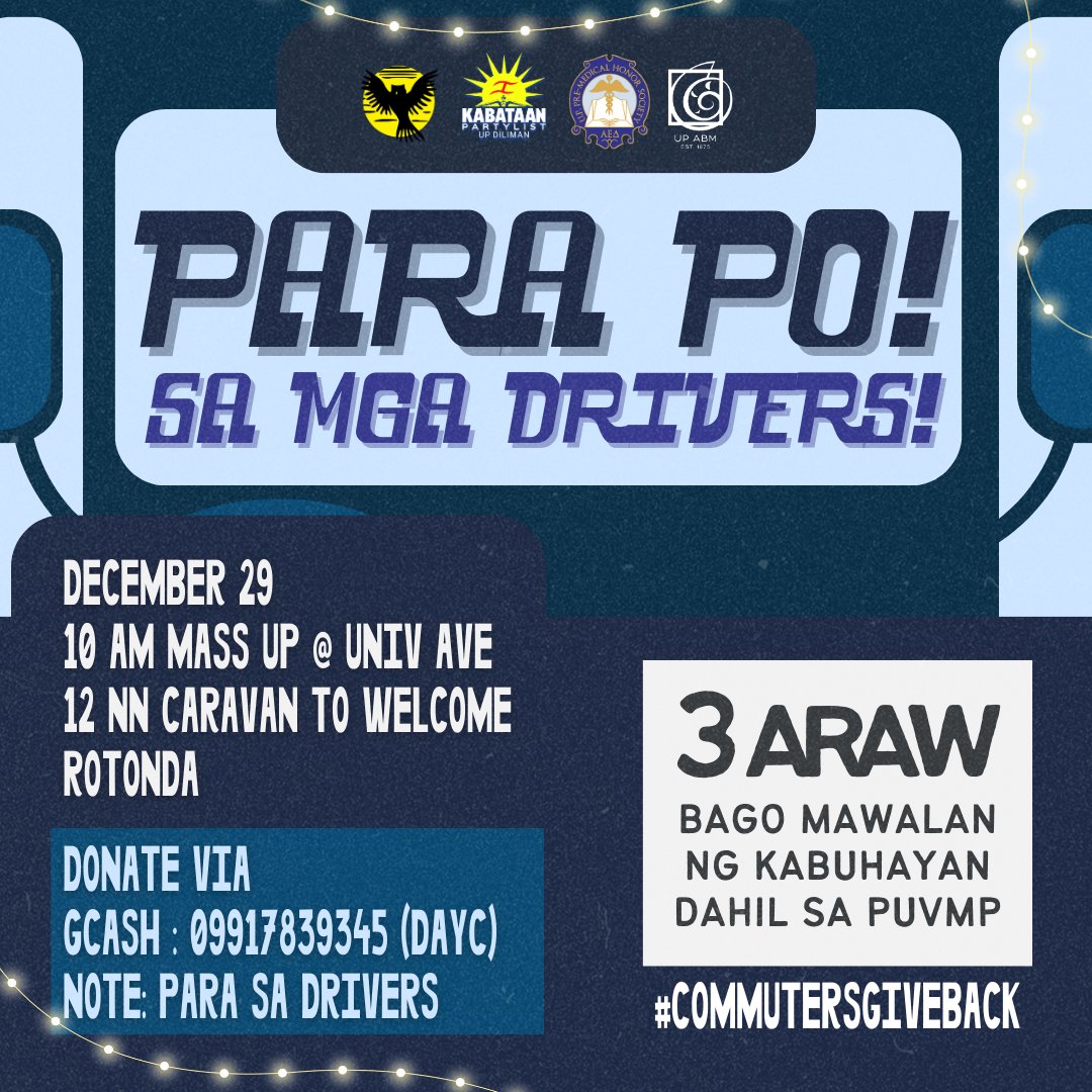 KabataanUPD's tweet photo. 3 days until the December 31 Jeepney Phaseout Deadline!

In just three days, the Marcos-Duterte regime plans to replace our familiar "king of the road" with the phased-out removal of 70,000 public utility vehicles (PUVs). Sadly, this decision means that 200,000 drivers and https://t.co/ZTAjDqpJm6