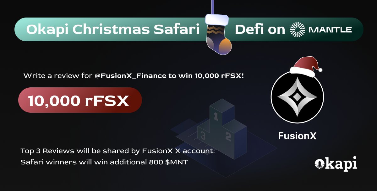 okapixyz's tweet photo. Write a review for FusionX to win 10,000 rFSX!๐
Top 3 Reviewers will receive 5000, 3000, 2000 rFSX.
Top reviews will be posted by @FusionX_Finance
Safari winners will win an additional 800 $MNT.
Start here: https://t.co/lBZGrbbKlk
#DiscoverOnOkapi #OkapiChristmasSafari https://t.co/RgpvY171dZ