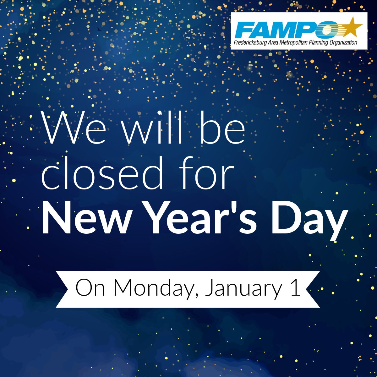 Our office will be closed on Monday, January 1, for New Year's Day. See you again on January 2!

#holiday #officeclosed #mpo #transportation #newyear #newyearday