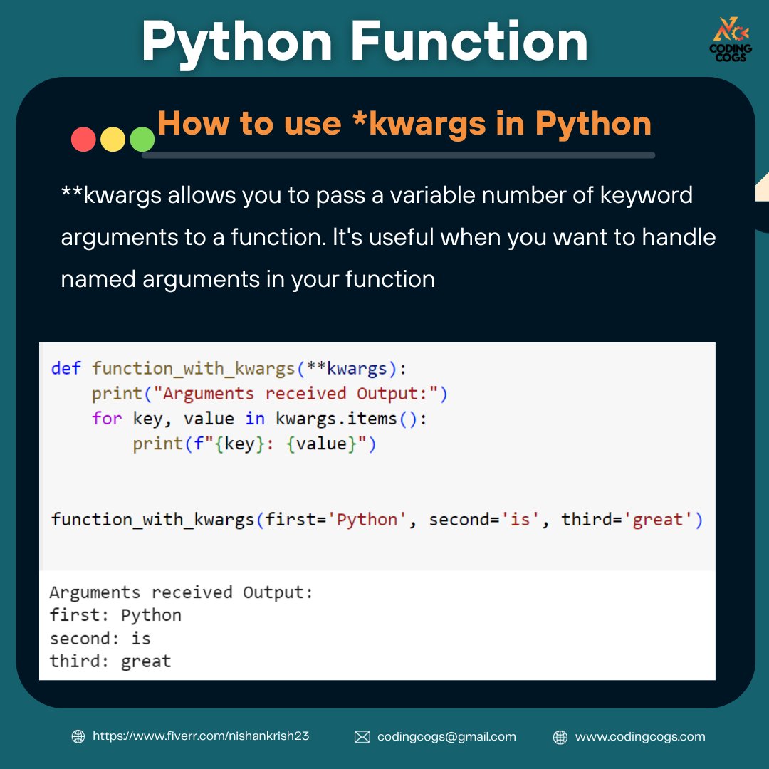 CodingnerdsCog's tweet image. Unpacking the power of **kwargs in Python 🐍! Dive into the versatility of functions with my latest #PythonTutorial. Perfect your coding skills and learn how to handle dynamic arguments effortlessly. #CodeNewbie #DevCommunity #PythonProgramming #PythonTips #CodingTutorial…