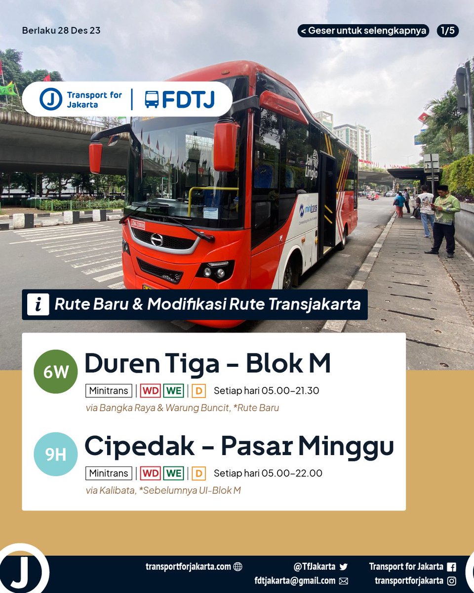 Bangka raya dan Cipedak Full Senyum!

Halo, Teman FDTJ!

Kabar gembira buat kalian yang tinggal di kawasan Bangka Raya dan Cipedak. 

Mulai 28 Desember 2023 <a href="/PT_Transjakarta/">Transportasi Jakarta</a> resmi mengoperasikan rute baru 6W dan mengembalikan lintasan 9H ke Moch. Kahfi 2!