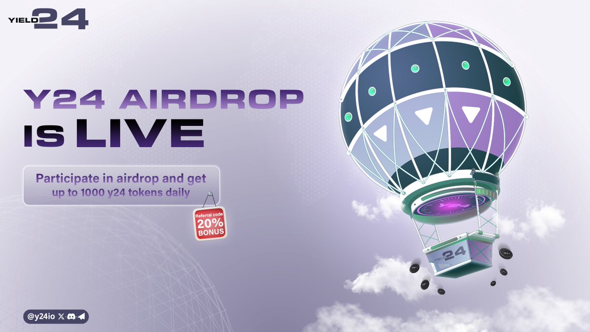 Y24io's tweet photo. 🎉Exciting update! Have you heard about the Y24 Airdrop/earning mechanism?

👉Dive into the airdrop excitement! Here's a quick guide to get started:

1️⃣ Visit the Y24 Dapp: https://t.co/FgO5DMXnAA
2️⃣ Follow the provided steps.
3️⃣ Connect your wallet.
4️⃣ Confirm your entry & get up to 1000 y24 points NOW!

💰Don't miss out on the chance to join the Y24 Earning System.

➡️Enter now at: https://t.co/sbhEr4rr3f

#Yield24 #Airdrop #Earningpoints #Reward