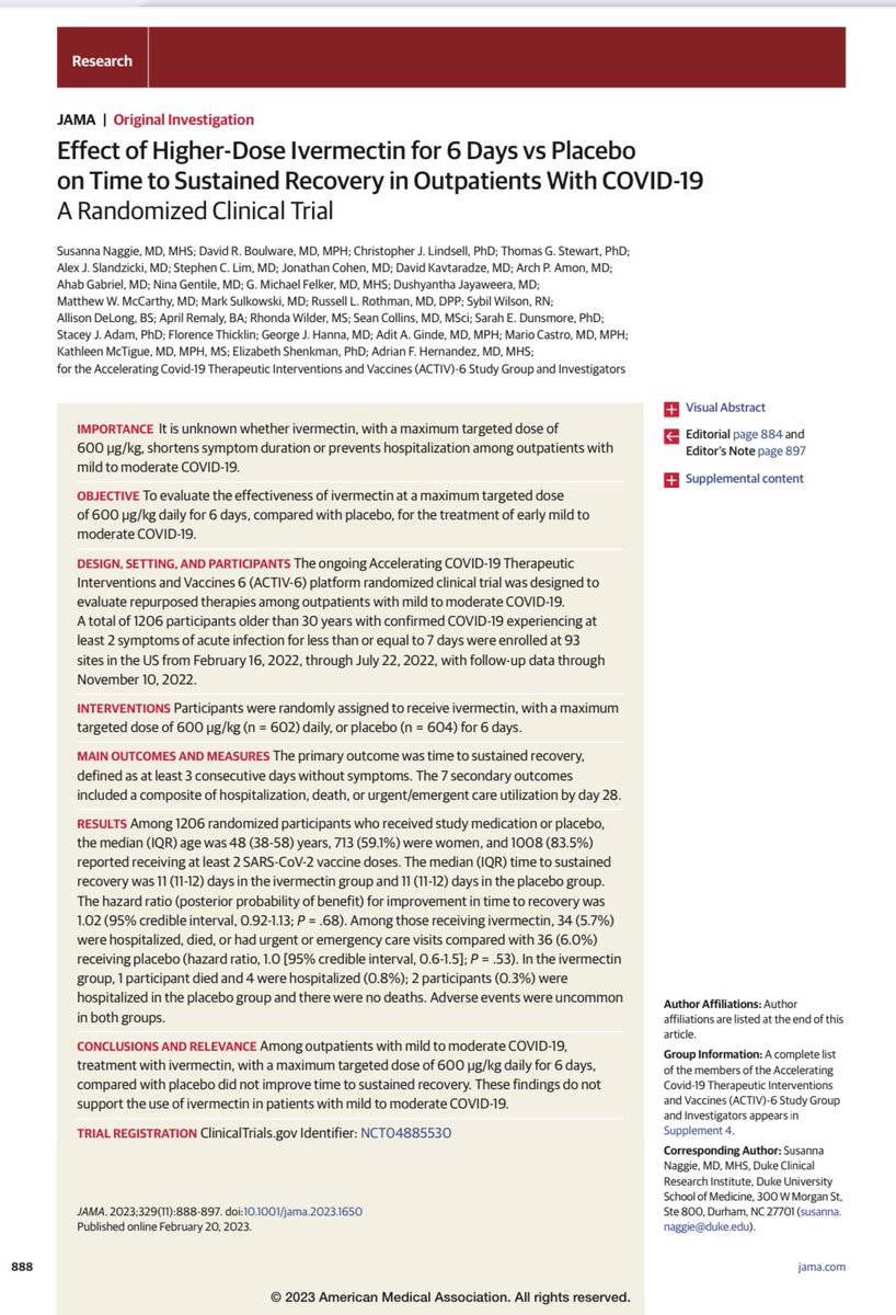 Effect of Higher-Dose Ivermectin for 6 Days vs Placebo on Time to Sustained Recovery in Outpatients With COVID-19: A Randomized Clinical Trial <a href="/snaggie1/">Susanna Naggie</a> <a href="/boulware_dr/">Dr. David B</a> <a href="/texhern/">Adrian “WE NEED RCTS!” Hernandez</a> @ACTIV6study &amp; colleagues jamanetwork.com/journals/jama/…

Among the🔥Most Viewed at JAMA in 2023🔥