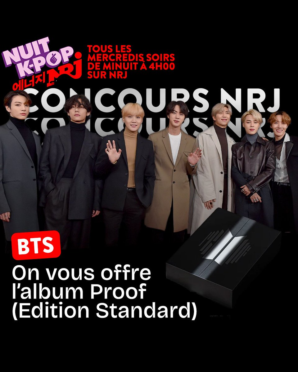 NRJhitmusiconly's tweet photo. ⚪️ Concours #BTS

Tous les mercredis, c'est la Nuit K-Pop sur NRJ.

Cette semaine, on vous offre l'album "PROOF" des @bts_bighit 🤩 

Pour participer : 
➡️ Follow @nrjhitmusiconly 
➡️ Citez ce tweet avec le hashtag #NUITKPOPNRJ et votre titre préféré des BTS https://t.co/y4L4HGGqJB
