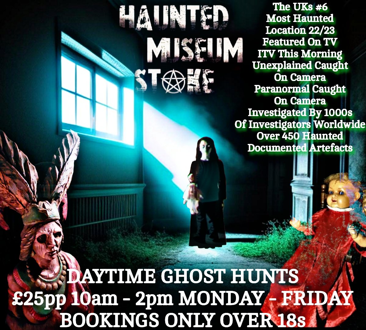 Daytime Ghost Hunts NOW available to book Monday to Friday's 10am - 2pm £25pp over 18s ONLY. Please inbox the page to book &amp; for all enquiries.
#stokeontrent #Museum  #whatson #Staffordshire #stoke #paranormal #ghosthunt #ghosthunting  #hauntedmuseumstoke #haunted  #poltergeist