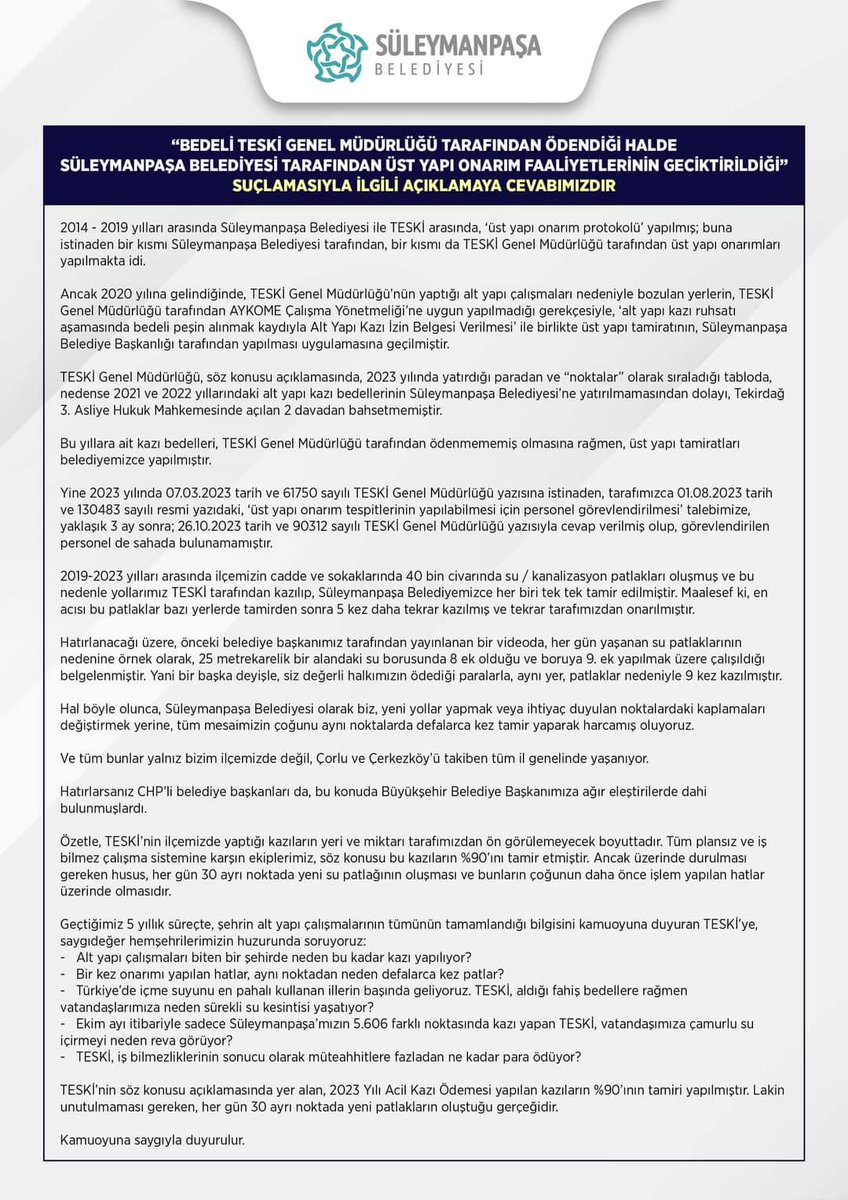 " BEDELİ TESKİ GENEL MÜDÜRLÜĞÜ TARAFINDAN ÖDENDİĞİ HALDE SÜLEYMANPAŞA BELEDİYESİ TARAFINDAN ÜST YAPI ONARIM FAALİYETLERİNİN GECİKTİRİLDİĞİ" SUÇLAMASIYLA İLGİLİ AÇIKLAMAYA CEVABIMIZDIR!