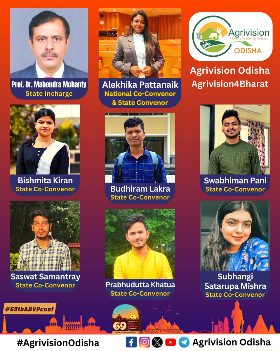 Congratulations to all the new responsibility bearers of #AgrivisionOdisha for the current educational year, declared on
#69thABVPConf &amp; #48thABVPOdishaConf.

#AGRIVISION
#Agrivision4Bharat