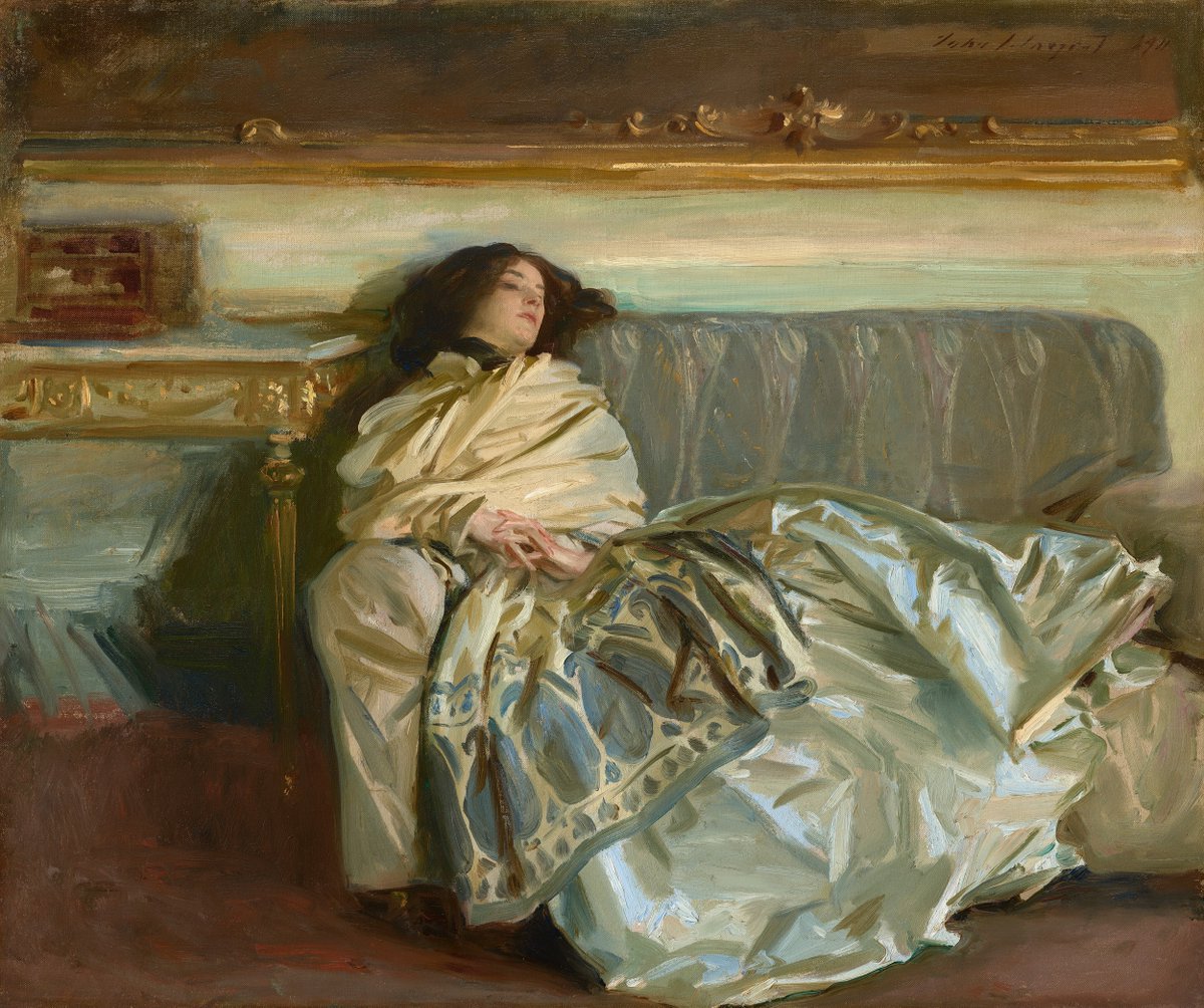 Post-Christmas slump perfectly depicted by Sargent's portrait of his niece, Rose–Marie Ormond. Ormond's relaxed state allows Sargent to revel in an abundance of fabric & paint. ✨

#JohnSingerSargent, Nonchaloir Repose 1911 in #SargentAndFashion, open 22 Feb at #TateBritain. 👗