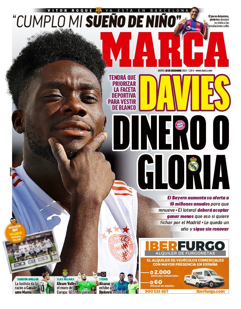 _BeFootball's tweet photo. Le quotidien @marca titre : « L'argent ou la gloire », à propos d'Alphonso Davies. 👀 https://t.co/Y69VTkuwPA