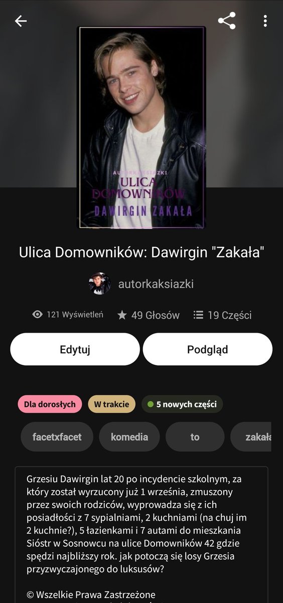 autorkaksiazki's tweet photo. OMG
dziękuję moim fanom za milion sto dwadzieścia jeden subskrajberuw!!!!
oczekujcie specialu
buziaczki
autorkaksiazki
💋💋💋
#ulicadomownikow #fanfik #fanfiction #boyxboy #blb #wattpad #żekuś #dilfs #grzesiary #bradpitt https://t.co/PFhb2g8oTR