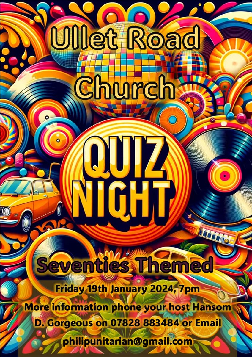 Friday 19th January 2024, 7pm. 70s Themed Quiz Night at Ullet Road Church. Comical Host!