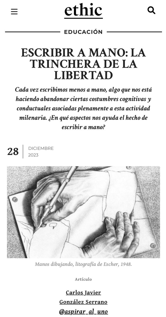 Aspirar_al_uno's tweet photo. Cada vez se escribe menos a mano. En un escenario cada vez más rápido y digitalizado, escribir es un acto disidente. Al escribir hacemos que el mundo se detenga para pensarlo, para elegir las palabras justas. Escribir es un acto de reconquista de libertad. https://t.co/maxpybYpAf https://t.co/FysTmozWea