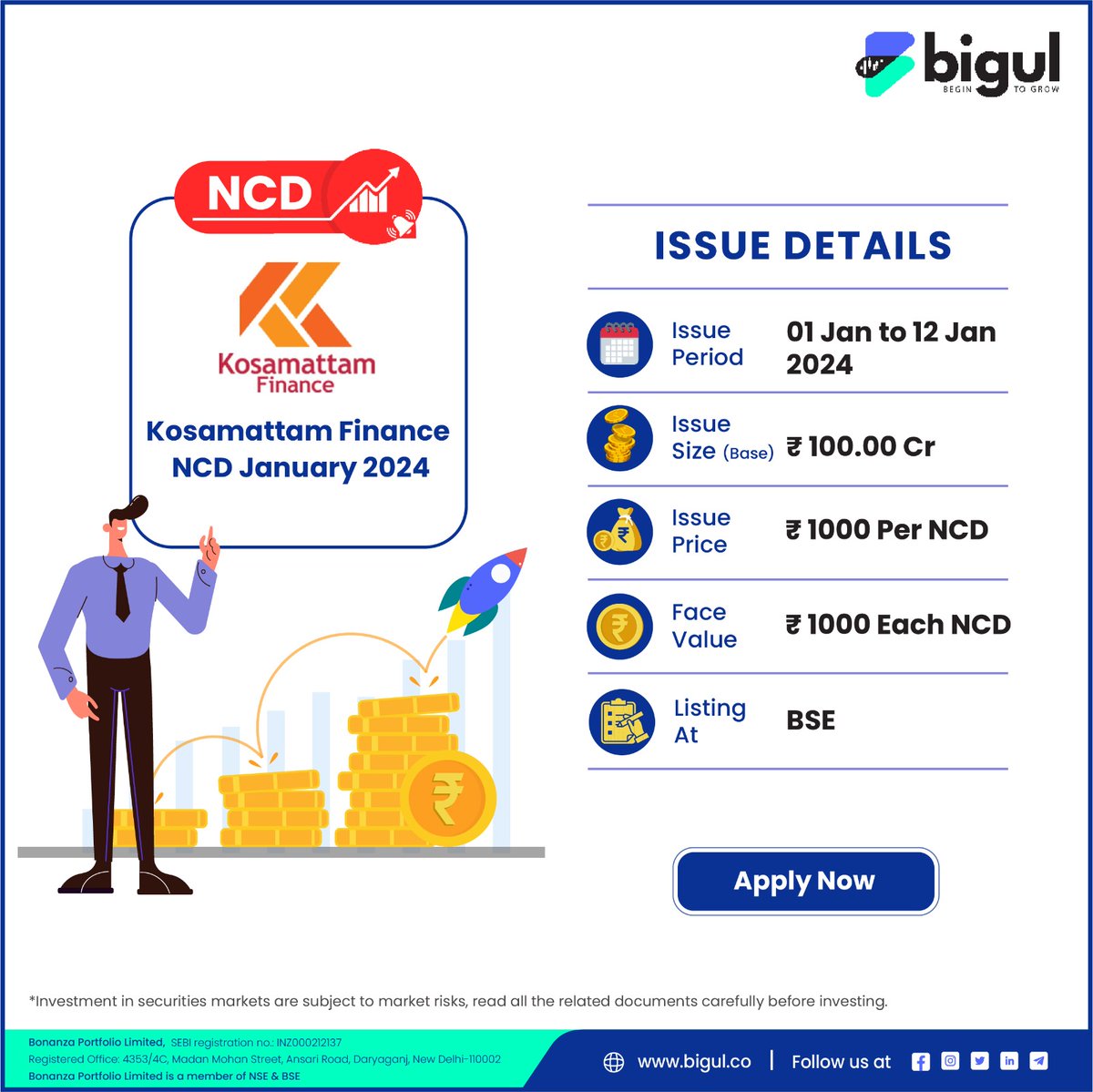 🚀#KosamattamFinance Limited unveils #NCDs with up to 10% interest! 🌟 Secure, non-convertible debentures opening on Jan 1, 2024. Issue size Rs 100 Cr (expandable to Rs 200 Cr), face value Rs 1000.  Act now! 💰📈 
Details👇
bit.ly/4aPJpI3
#KosamattamFinanceNCD #Finance…