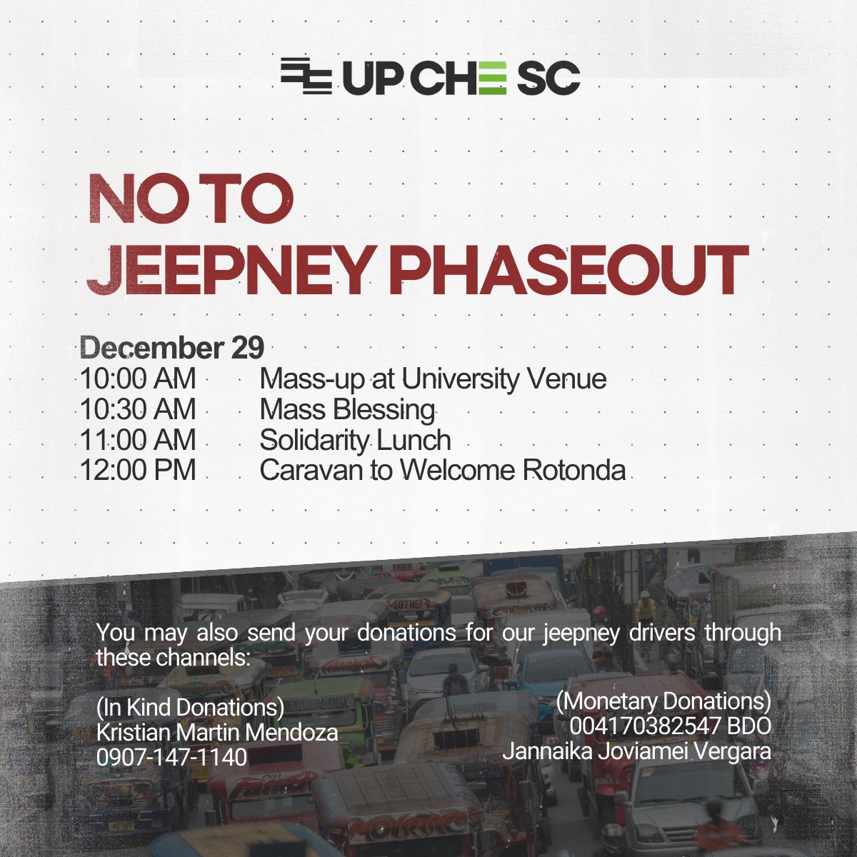 upd_chesc's tweet photo. ISKOLAR NG BAYAN, MAKIISA SA LABAN NG ATING MGA TSUPER!

Makiisa sa laban ng mga tsuper! Sumama sa pagkilos!

DECEMBER 29

10:00am Mass-up at University Avenue
10:30am Mass Blessing
11:00am Solidarity Lunch
12:00pm Caravan to Welcome Rotonda

#NoToPUVPhaseOut
#IbasuraAngDeadline https://t.co/ZyhA1BnX1h