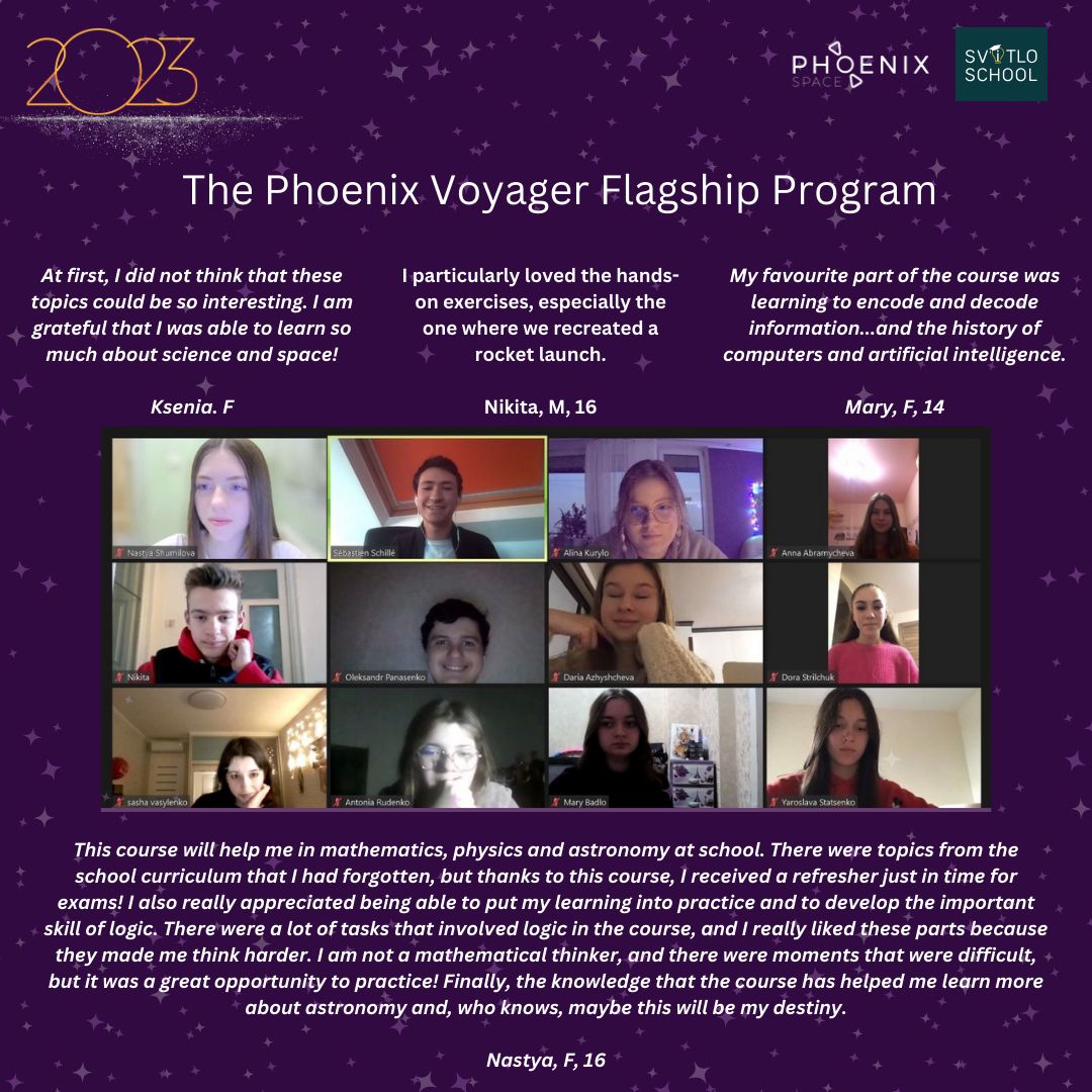 🌟 Celebrating a year of tremendous progress

🚀 In January, Phoenix Space partnered with Svitlo School and received support from Prospero World to create The Phoenix Voyager Flagship Program! 

📚 This 6-month course focused on key STEM topics. 

#EmpoweringYouth #STEMEducation