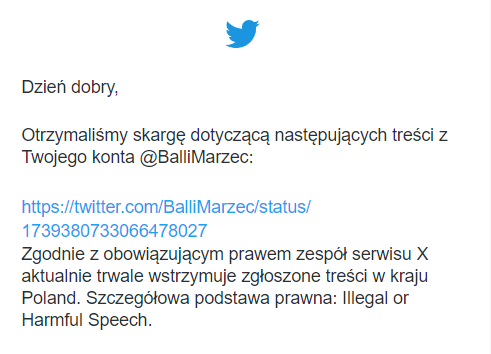 BalliMarzec's tweet photo. Złożone skargę na mój tweet -
że wiceministrem w Polsce  został członek Związku Ukraińców w Polsce.
"Serwis X aktualnie trwale wstrzymuje zgłoszone treści w kraju Poland." https://t.co/IRWaUj0NVg