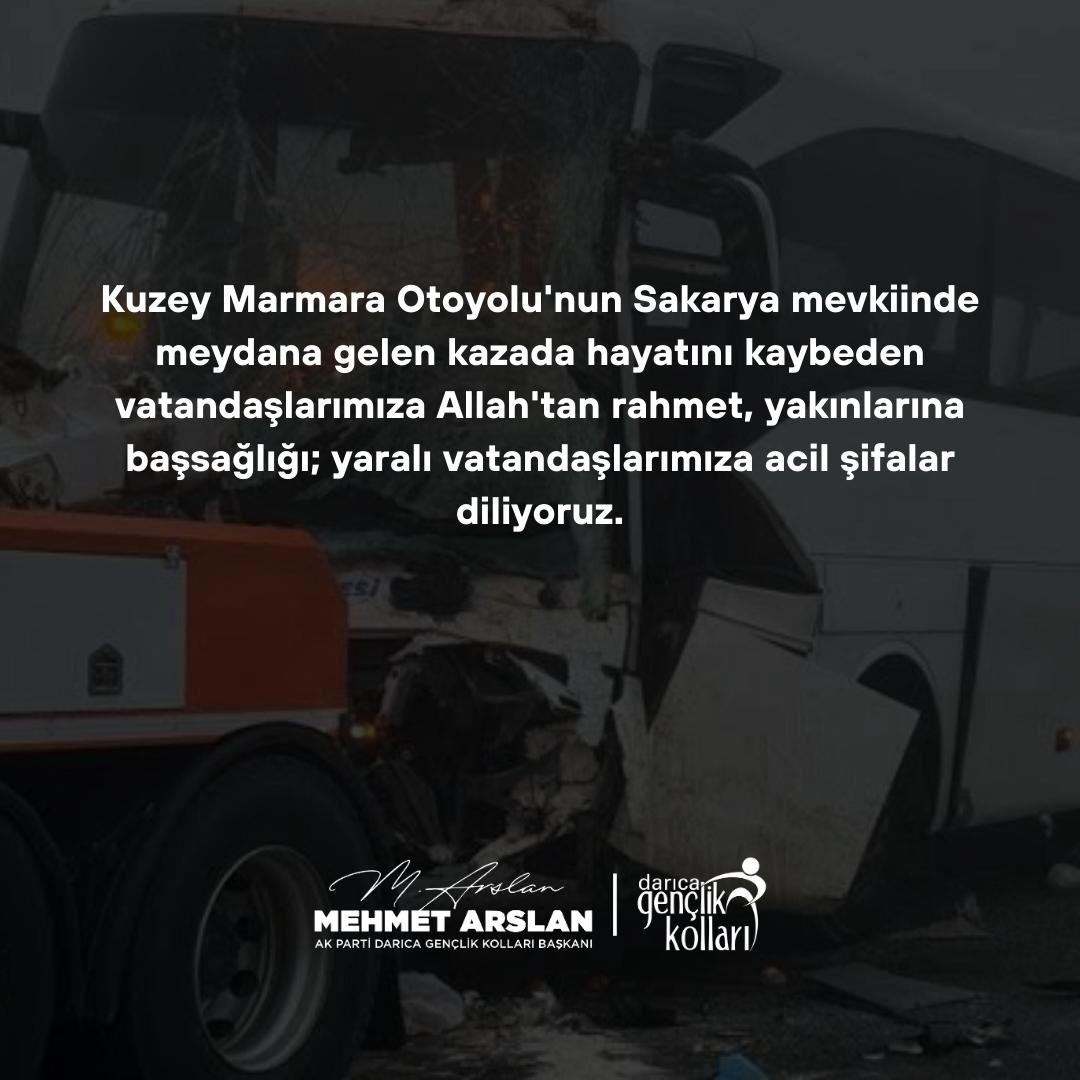 AKgencDarica's tweet photo. Kuzey Marmara Otoyolu'nun Sakarya mevkiinde meydana gelen kazada hayatını kaybeden vatandaşlarımıza Allah'tan rahmet, yakınlarına başsağlığı; yaralı vatandaşlarımıza acil şifalar diliyoruz. https://t.co/qXSO5ORdME