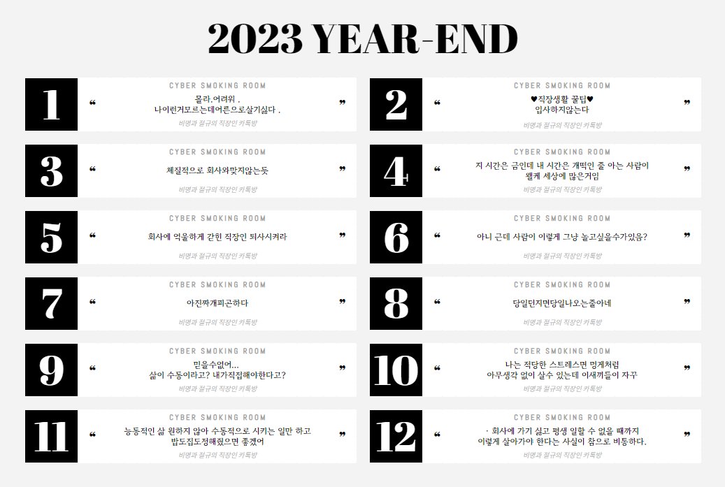 💜 기타 자료
매달 딱 한마디로 끝내는 텍스트 연말정산표
TRPG/커뮤니티/글 등… 짧은 텍스트가 메인이 되는 연말정산표입니다. 색상을 커스텀하거나 폰트를 바꾸는 등 자유롭게 취향껏 개조해서 사용해 주시면 됩니다~
:: docs.google.com/spreadsheets/d…