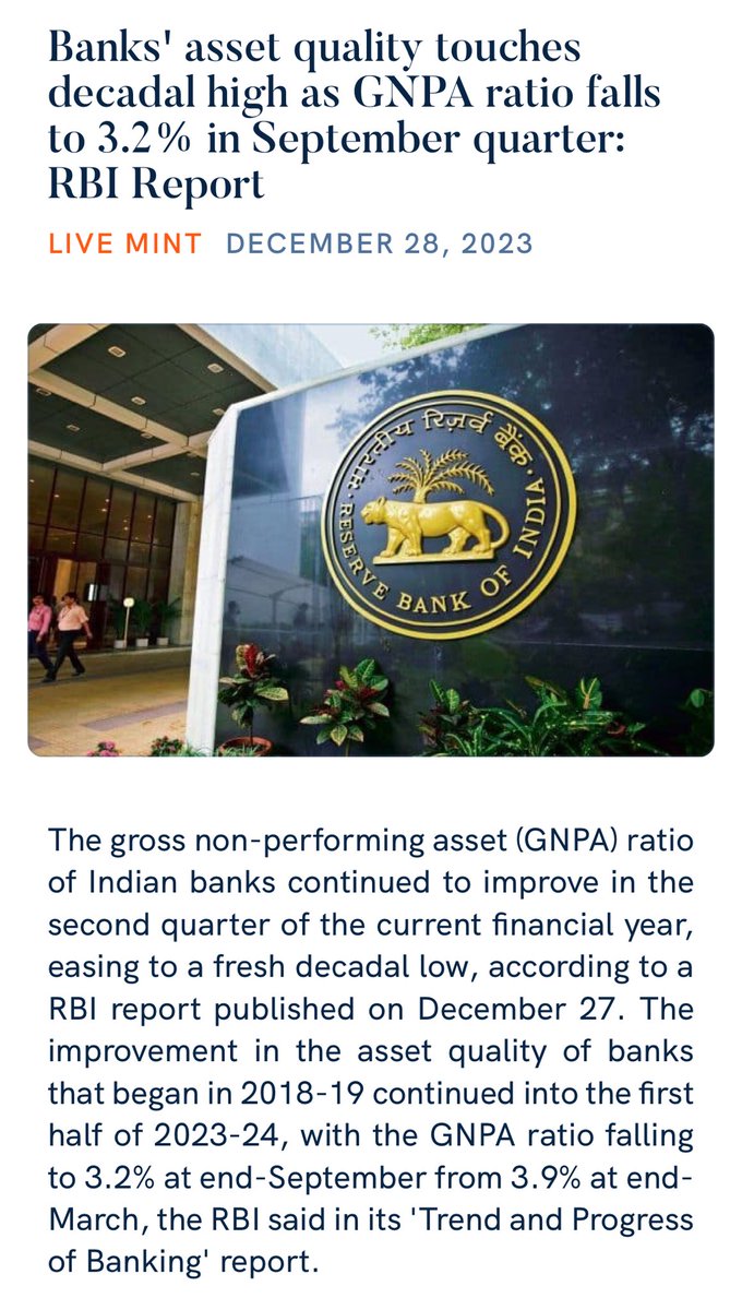 bjp4bidar's tweet photo. Banks' asset quality touches decadal high as GNPA ratio falls to 3.2% in September quarter: RBI Report
 https://t.co/xkKeD8UxjK

via NaMo App https://t.co/ax31e9vmtx