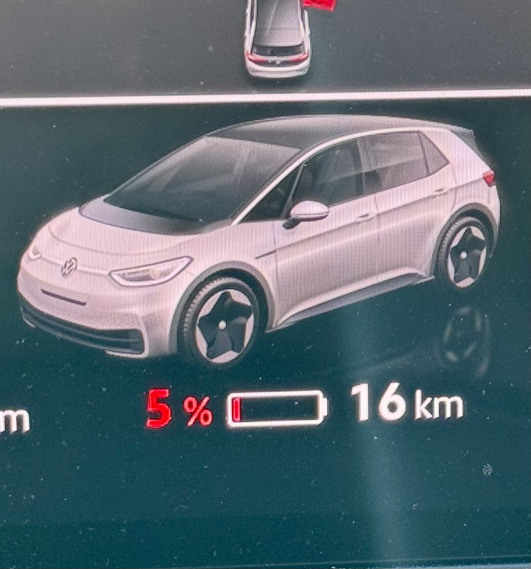 I post these because car brands won’t. VW ID3 electric ‘range’ — 424km Dublin to Cork — 260km Actual range for me today, from 100%, driving under speed limit — 233km (56% of advertised range) I barely made it to Fermoy at 225km, 5% left (chargers in Cashel full, with queues)
