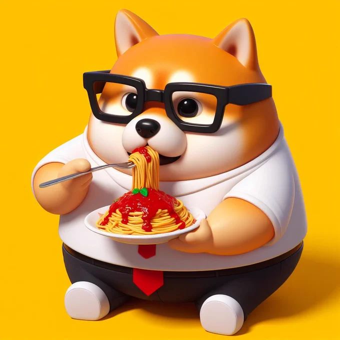 黒フチメガネをかけた太った男性柴犬獣人 のちびキャラがナポリタンスパゲッティーを食べている画像を生成してください