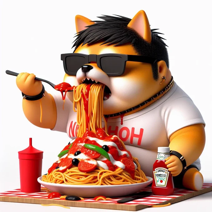 黒フチメガネをかけた太った男性柴犬獣人 のちびキャラがナポリタンスパゲッティーを食べている画像を生成してください