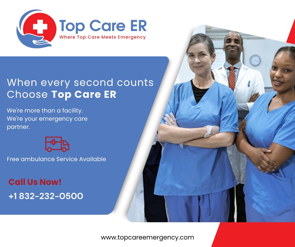Rapid response, compassionate care. Top Care ER is your go-to for urgent medical attention. Because your well-being is non-negotiable.

Call Now! +1 832-232-0500

#emergencycare
#urgentcare
#24hourER
#healthsafety
#medicalresponse