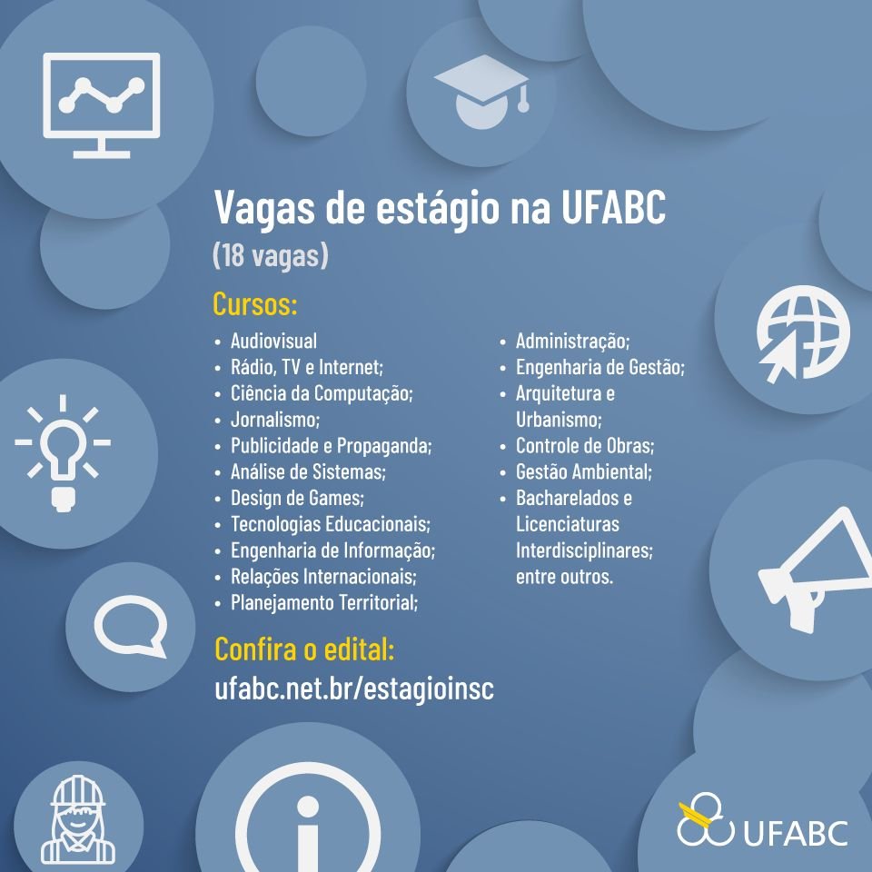 Vagas de #estágio na #UFABC em diversas áreas

18 vagas. Inscrições até o dia 03/01. Acesse o Edital, leia com atenção e participe! ufabc.net.br/estagioinsc