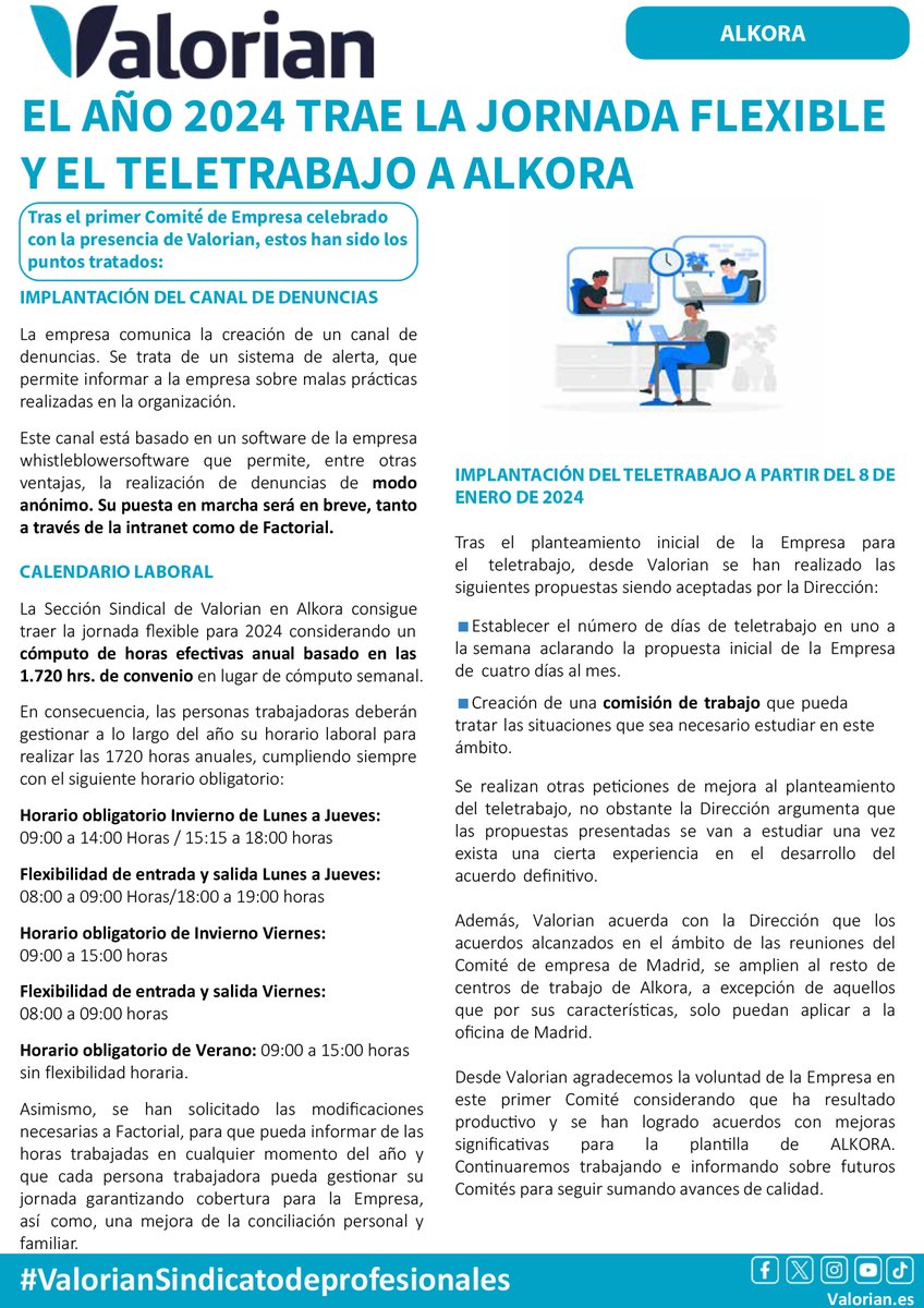 Valorianenred's tweet photo. EL AÑO 2024 TRAE LA JORNADA FLEXIBLE Y EL TELETRABAJO A #Alkora

Información de todos los puntos tratados en el primer Comité de Empresa celebrado con la presencia de Valorian. 

#jornadaflexible #teletrabajo #trabajo #Canaldenuncias #CalendarioLaboral2024 #FlexibilidadHoraria https://t.co/ict7fYrprA