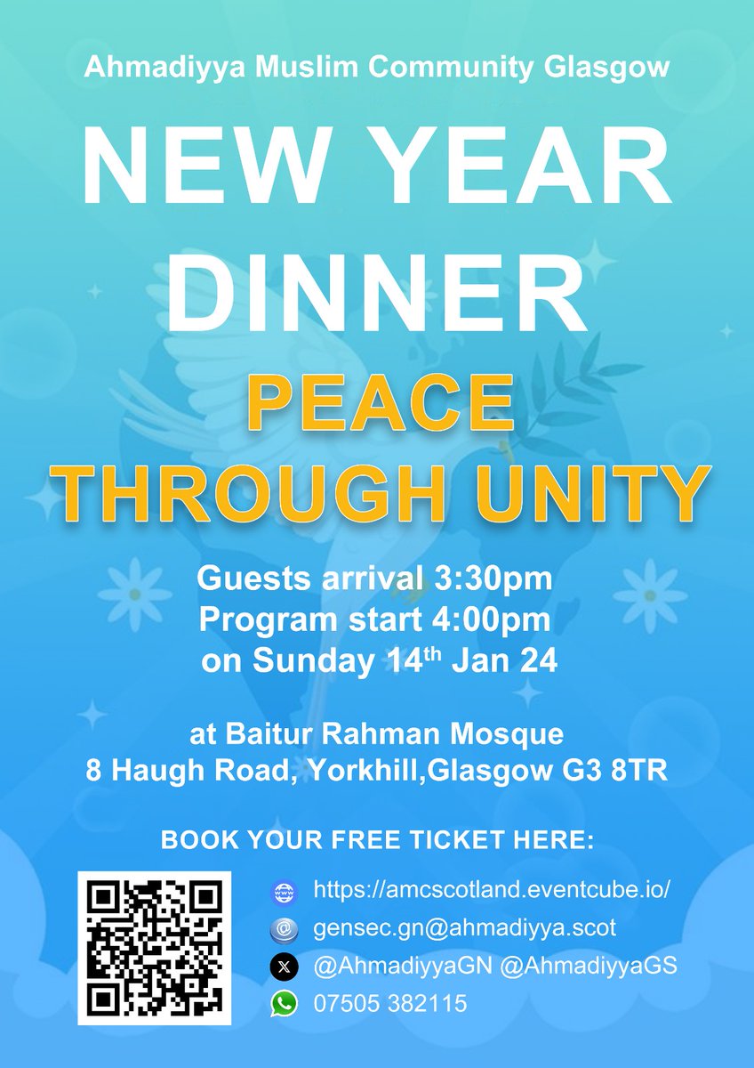AhmadiyyaGN's tweet photo. ✨ To mark the start of a #NewYear2024, Ahmadi Muslims in #Glasgow #Scotland host a diverse community event bringing all together at Baitur Rahman mosque as per its motto "Love For All Hatred For None."

💡 Book your space for the 2024 New Year Dinner.
https://t.co/FvXnEhZdTC https://t.co/RwZU7y5tto
