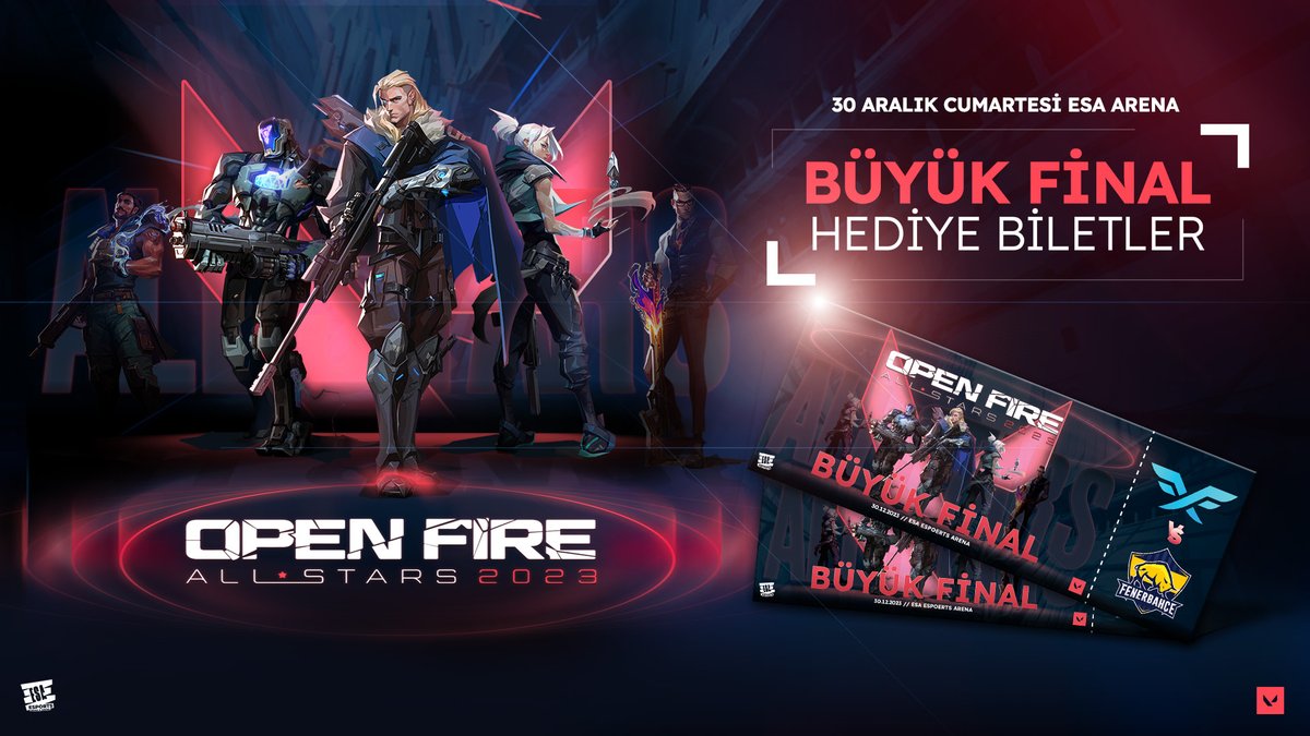 ESAesports's tweet photo. 30 Aralık’ta ESA Arena’da gerçekleşecek olan ESA Open Fire All Stars 2023 Büyük Finali için 10 adet bilet hediye ediyoruz! 

Final biletini kazanmak için: 

🔹Bizi takip edip, bu tweeti RT'leyip, finalde hangi takımı desteklediğinizi yorumlarda belirtin!

Kazananlar 29 Aralık 18.00'da açıklanacaktır, herkese bol şans!
