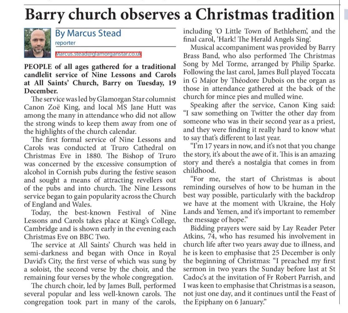 BarryCinW's tweet photo. lovely article about our 9 lessons and carols https://t.co/pgYMbgm4LH