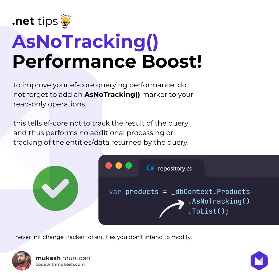 iammukeshm's tweet image. Quick Tip to Boost your #efcore querying performance!

Just disable the default Change Tracker by using the AsNoTracking() for your read-only operations!

Follow this thread for more details.