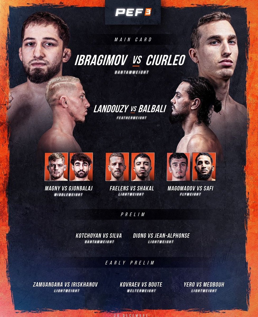 Aujourd'hui il y aura ⬇️:
Le PEF III #PEF3.
Dans le main event de l'événement s'affronteront Movsar Ibraguimov 🇧🇪 (22-5) et l'invaincu Alexis Ciurleo 🇨🇵 (4-0). Tout l'évènement sera composé de combat de MMA amateur.

1/2