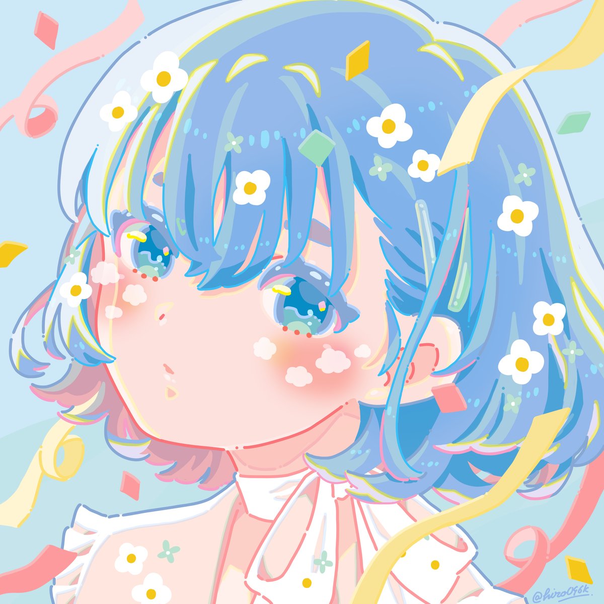 1girl solo confetti flower white flower blue hair blue eyes  illustration images